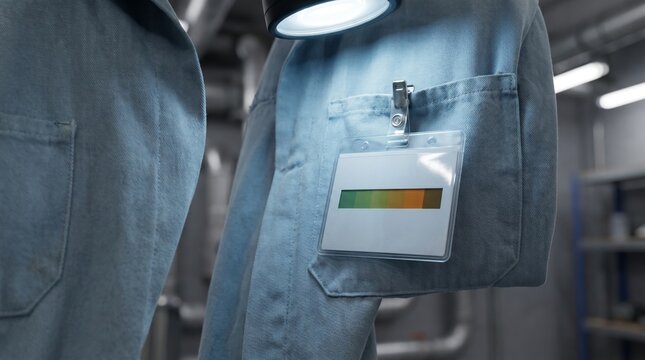 Dosimeter badge clipped to a nuclear plant worker's coverall