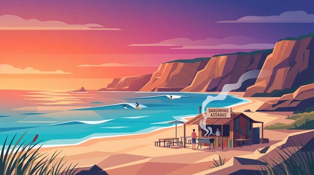 Portuguese Beach Shack and Sardine Grill at Sunset with Surfers Vector Illustration