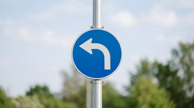 Blue circular traffic sign showing a mandatory left turn on a metal pole blue circle white arrow