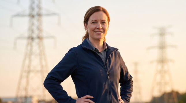 Grid engineer standing in front of transmission towers at a nuclear power facility