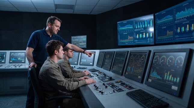 Instructor and trainees at a nuclear plant control room simulator