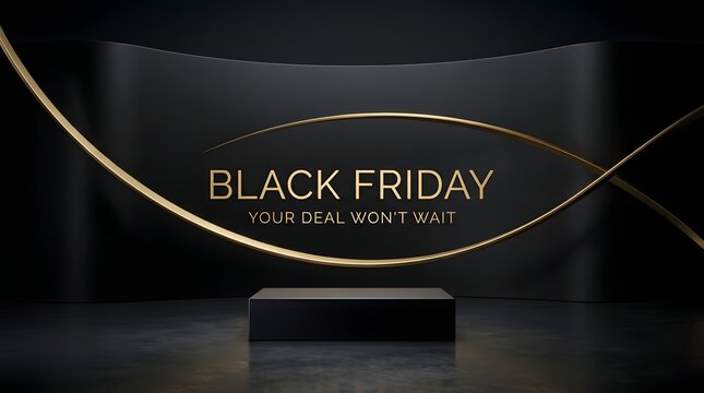 Black friday luxury promotional background with gold text and elegant podium