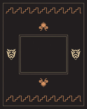 An elegant black field is bordered by stepped geometric lines, laurel emblems, and ornamental flourishes in gold and copper, leaving a central area for luxury messaging.