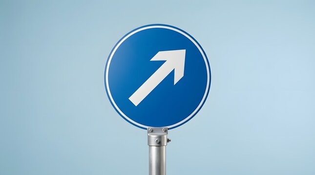 Blue traffic sign with a white arrow pointing diagonally up and to the right, sky