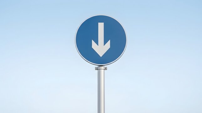 Blue traffic sign with a white downward arrow, against a light blue sky background