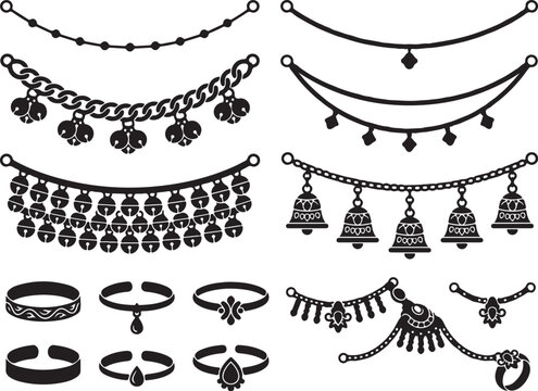 Indian jewelry vector icons set, traditional ethnic necklaces and bracelets silhouettes, black henna style jewelry ornaments for body art and fashion design