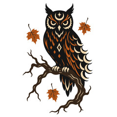 Obraz premium Owl on branch with autumn leaves vector illustration