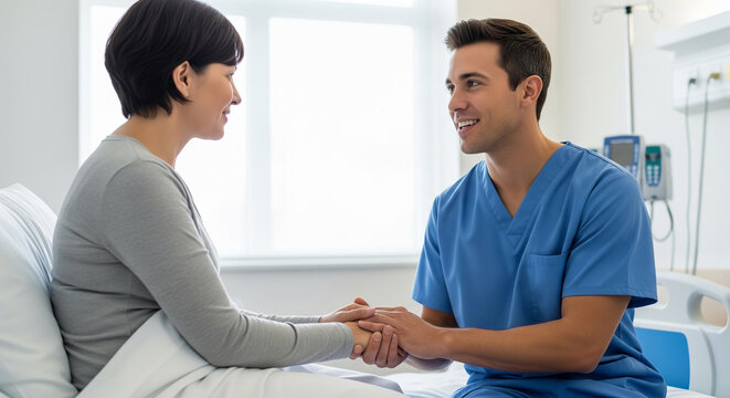 Caring male nurse gently holding hands of a bedridden female patient perfect for empathetic clinical support and compassionate healthcare services