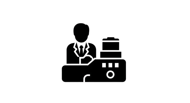 Black silhouette icon of a hotel receptionist standing behind a front desk counter on white background