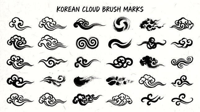 Set of Traditional Korean Ink Brush Cloud Elements for Asian Design