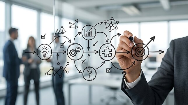 Business professional drawing a complex strategy flowchart on a glass wall in modern office.