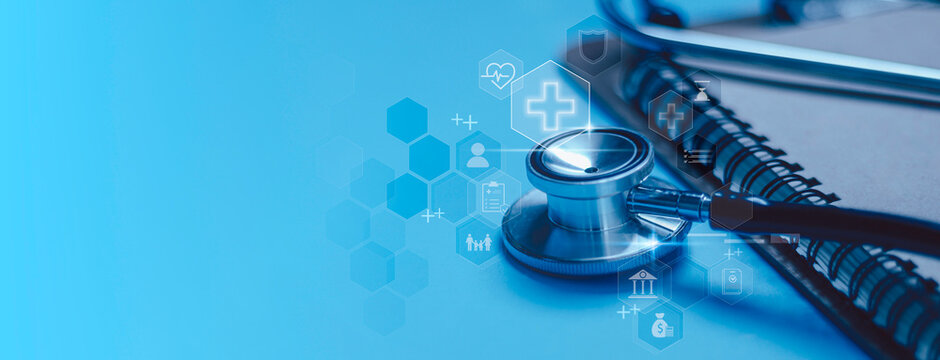 Medical, healthcare and insurance concept, health insurance, medical protection, patient safety, healthcare management, coverage and risk protection. Stethoscope and security icons, banner background