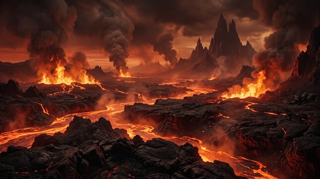 Hellscape of Fire and Lava in a Dark Volcanic Valley