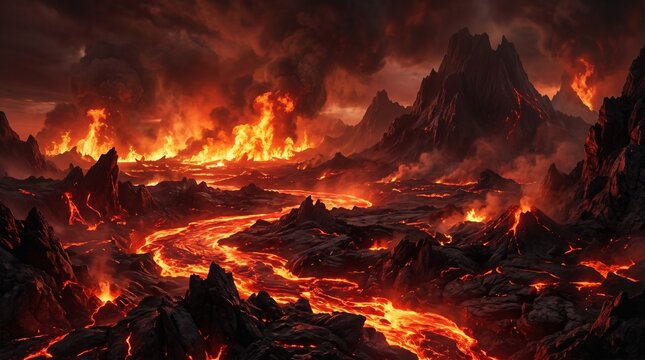 Hellscape of Fire and Lava in a Dark Volcanic Valley