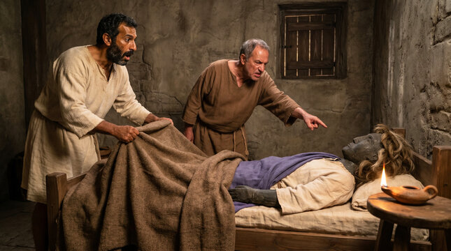 Saul's servants find household idol teraphim in David's bed instead of David, biblical escape scene