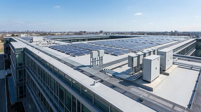 Expansive solar panel array on a contemporary office building rooftop under a clear blue sky, showcasing a commitment to sustainable energy solutions and green architecture in an urban environment