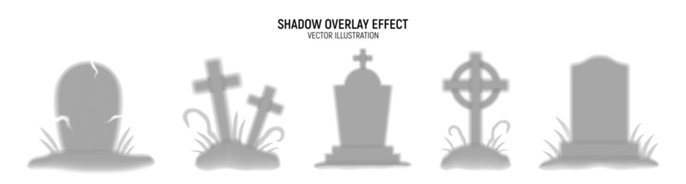 Scary Halloween tombstone and crosses silhouettes. Spooky vector set of transparent graveyard shadows for Halloween decoration, horror designs, seasonal party branding, social media banners.