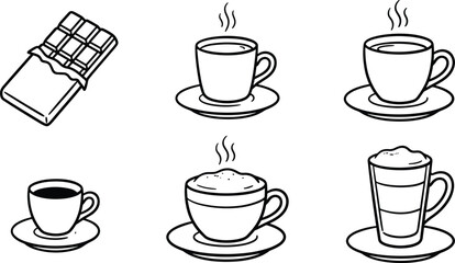 Fototapeta premium Vintage coffee collection featuring chocolate bar espresso latte cappuccino and steaming cup illustrations