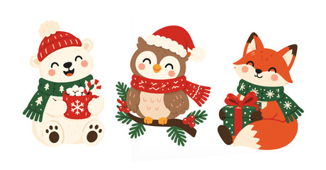 Fototapeta premium Cute Christmas Animal Sticker Collection with Polar Bear, Owl and Fox, Flat Vector Illustration