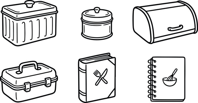 Vintage kitchen storage collection featuring breadbox tins lunchbox recipe books and household containers illustrations