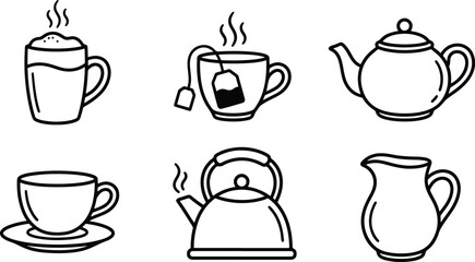 Obraz premium Vintage tea and coffee drinkware collection featuring cups teapot kettle and pitcher illustrations