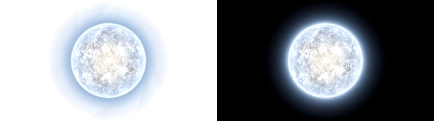 Obraz premium Blue white star glowing sphere with icy textured surface for cosmic design in PNG, Transparent and Black Background Versions for creative projects