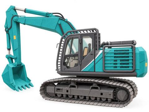 3D render or papercraft model of a teal excavator isolated on a black background