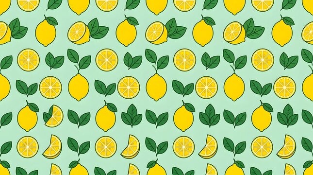 Vibrant lemon pattern background, seamless citrus fruit illustration with yellow slices and green leaves, fresh summer food wallpaper for textile design