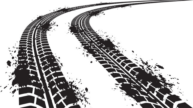 Tire tracks, double black rubber tread marks with mud splashes on a white background