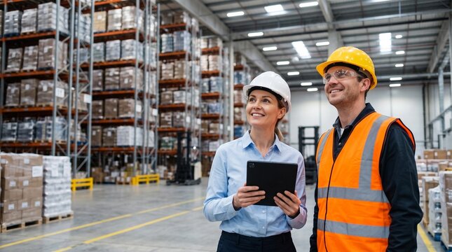Male And Female Warehouse Workers Using Digital Tablet For Inventory Management