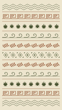 Multiple horizontal rows combine chevrons, meanders, leaves, waves, diamonds, and botanical sprigs in earthy tones, forming a richly layered folk border for design applications.