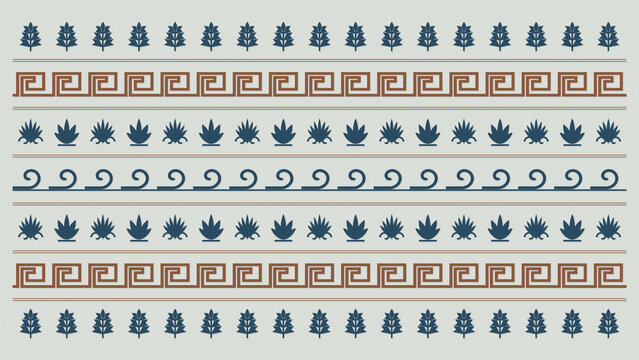 Navy and terracotta classical motifs repeat across a pale blue ground, offering a refined decorative surface for textiles, interiors, stationery, packaging, and cultural projects.