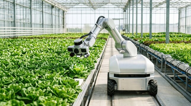 Agricultural robotic arm with cameras scanning green lettuce plants in a modern smart greenhouse
