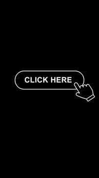 Animated call to action button with hand cursor clicking on text click here over black background.