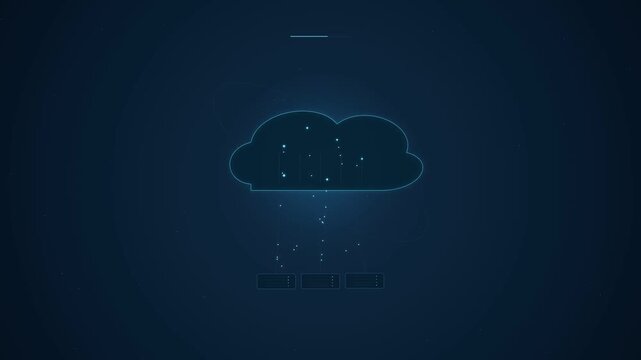 Digital cloud computing network animation with flowing data server nodes