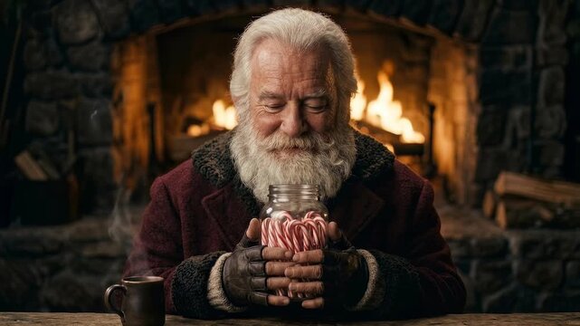 Santa Claus Holding a Jar of Candy Canes by a Glowing Fireplace in a Cozy Rustic Cabin Living Room Celebrating Christmas Warmth Holiday Magic Sweet Traditions and Festive Joy