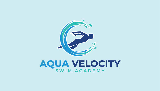 Professional logo for Aqua Velocity Swim Academy featuring a dynamic swimmer diving through circular blue waves.