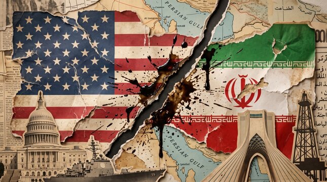 Conceptual torn map with USA and Iran flags split by dripping black oil symbolizing geopolitical conflict and crisis