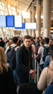 Tired stressed man with a suitcase waiting in a crowded line at the airport terminal