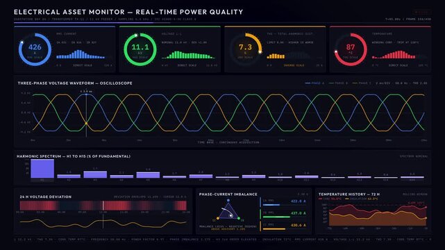 Real-time electrical asset dashboard displaying current, voltage, harmonics, and temperature metrics with animated KPIs and oscilloscope waveforms on a dark background.