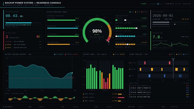 A detailed backup power dashboard showcasing readiness, runtime, alarms, and battery health metrics with vibrant colors and animated elements for monitoring energy systems.