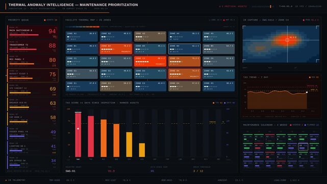 Visual representation of an electrical maintenance dashboard showcasing equipment prioritized by thermal anomaly scores with vibrant color gradients and clear analytics.