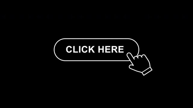Animated white outline click here button with hand cursor pointer on black background.