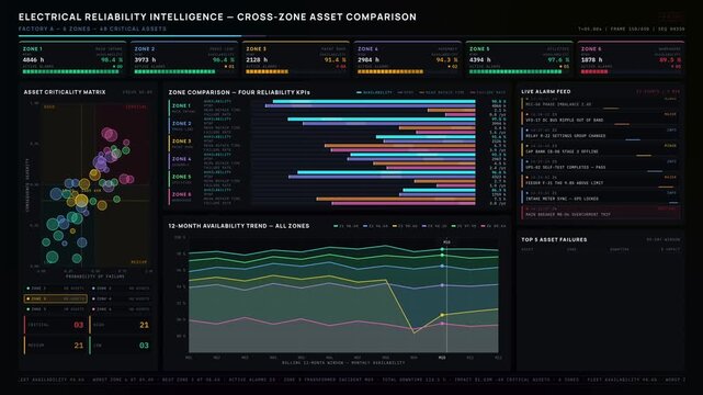 Explore the Electrical Reliability Dashboard showcasing critical assets across factory zones with dynamic visualizations and real-time analytics for informed decision-making.