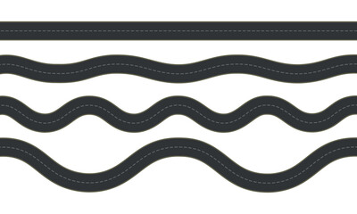 Various winding road paths with dashed lines for transportation and travel themes, dark gray asphalt on white. © OFFDESIGN