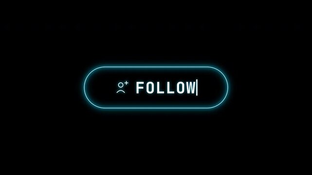 Neon glowing social media follow button animation with typing text effect on black background.