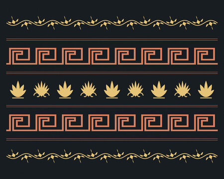 A sophisticated horizontal arrangement of Greek key lines, lotus forms, and scrolling foliage brings classical Mediterranean elegance to dark backgrounds for borders and decor.