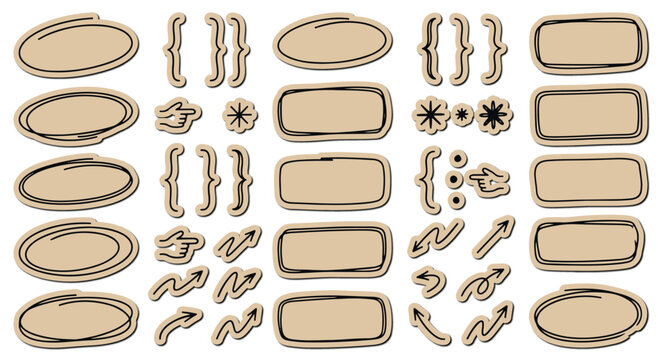 Hand drawn doodle double outline label frames set with rectangle oval wavy brackets arrows and star accents vector sketch for text banners and Hand drawn doodle label frames set with rectangle oval sc