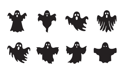 Obraz premium Set of eight black ghost icons with different expressive faces and spooky outlines for Halloween decoration and spooky graphic design elements.