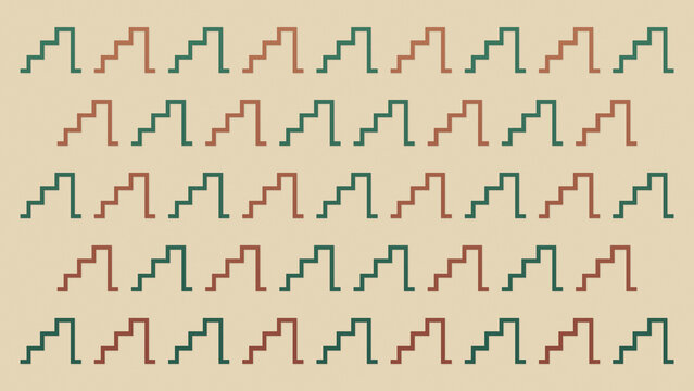 Oversized stair-step motifs repeat across a warm beige background in alternating green and coral, offering a clean retro geometric design for wallpaper, fabric, or branding.